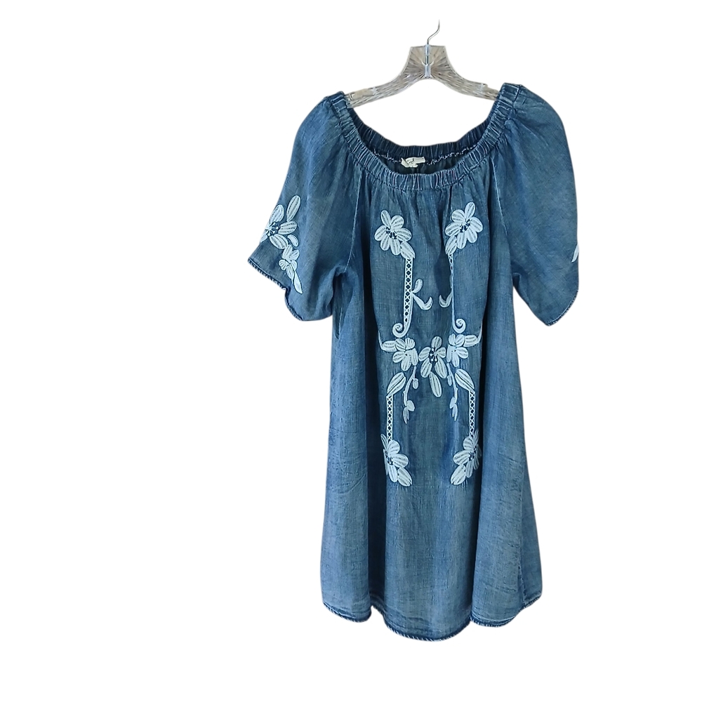 Easel Denim Blue Off-The-Shoulder Short Sleeved Embroidered Shift Dress Small